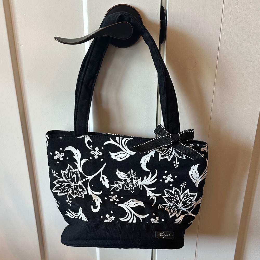Thirty-One Black and White Floral Tote with Bow